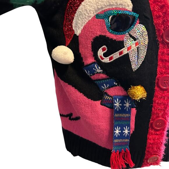 Ugly Christmas Sweater Cardigan Black Pink Flamingo SZ LG 33 Degrees Costume - Picture 6 of 12